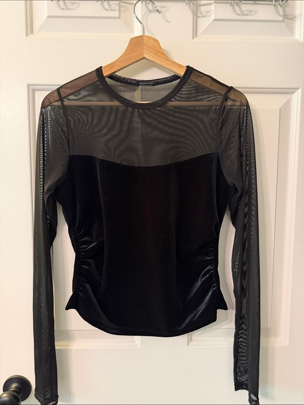 Black Mesh & Velvet Long-Sleeve Top